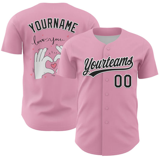 Custom Light Pink Black-White 3D Love Heart Valentine's Day Authentic Baseball Jersey - Main View