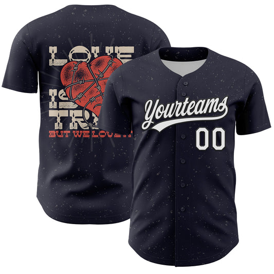Custom Navy White-Black 3D Love Heart Valentine's Day Authentic Baseball Jersey - Main View