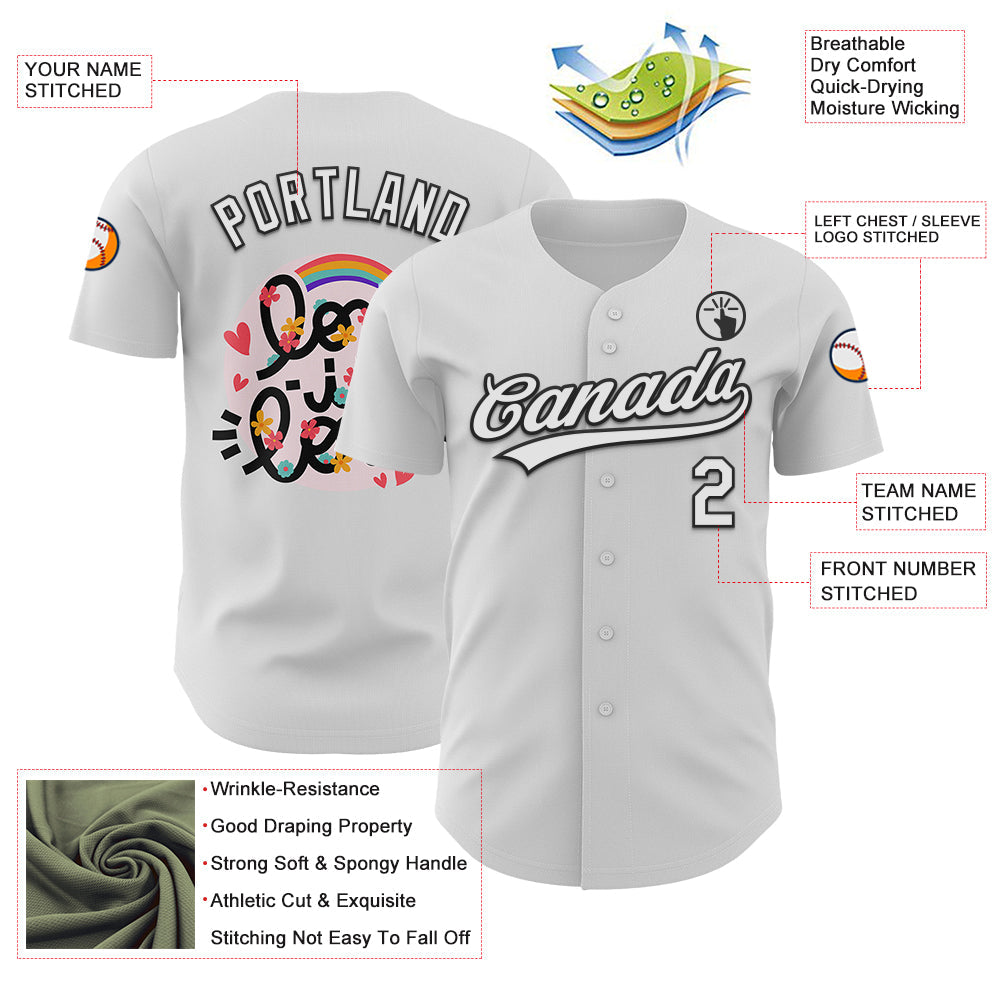 Custom White Black 3D Love Heart Valentine's Day Authentic Baseball Jersey view 3