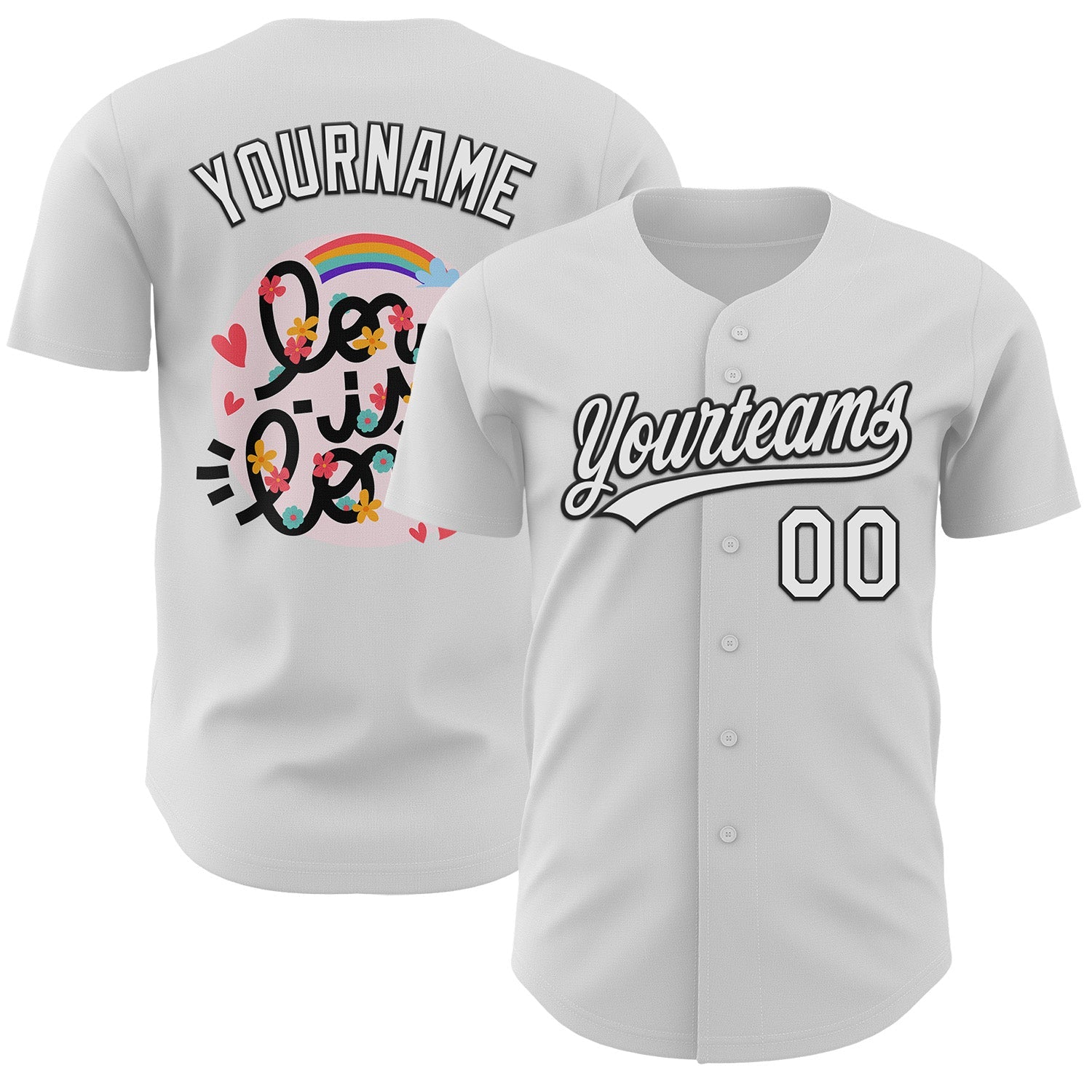 Custom White Black 3D Love Heart Valentine's Day Authentic Baseball Jersey - Main View