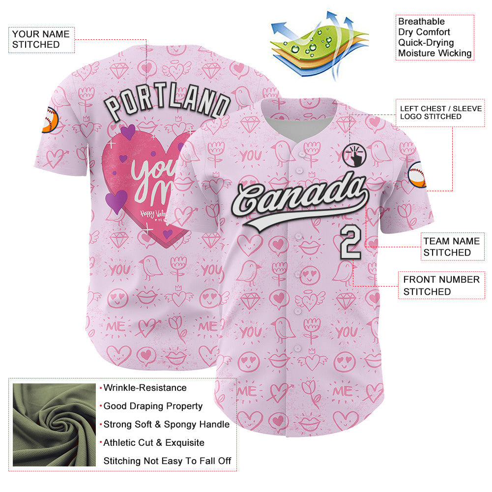 Custom Light Pink White-Black 3D Love Heart Valentine's Day Authentic Baseball Jersey view 3