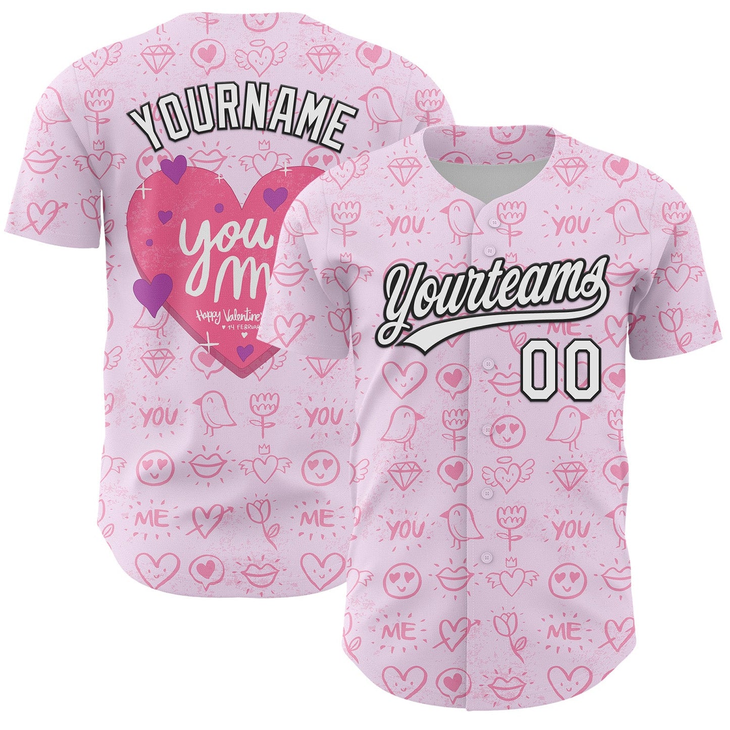 Custom Light Pink White-Black 3D Love Heart Valentine's Day Authentic Baseball Jersey - Main View