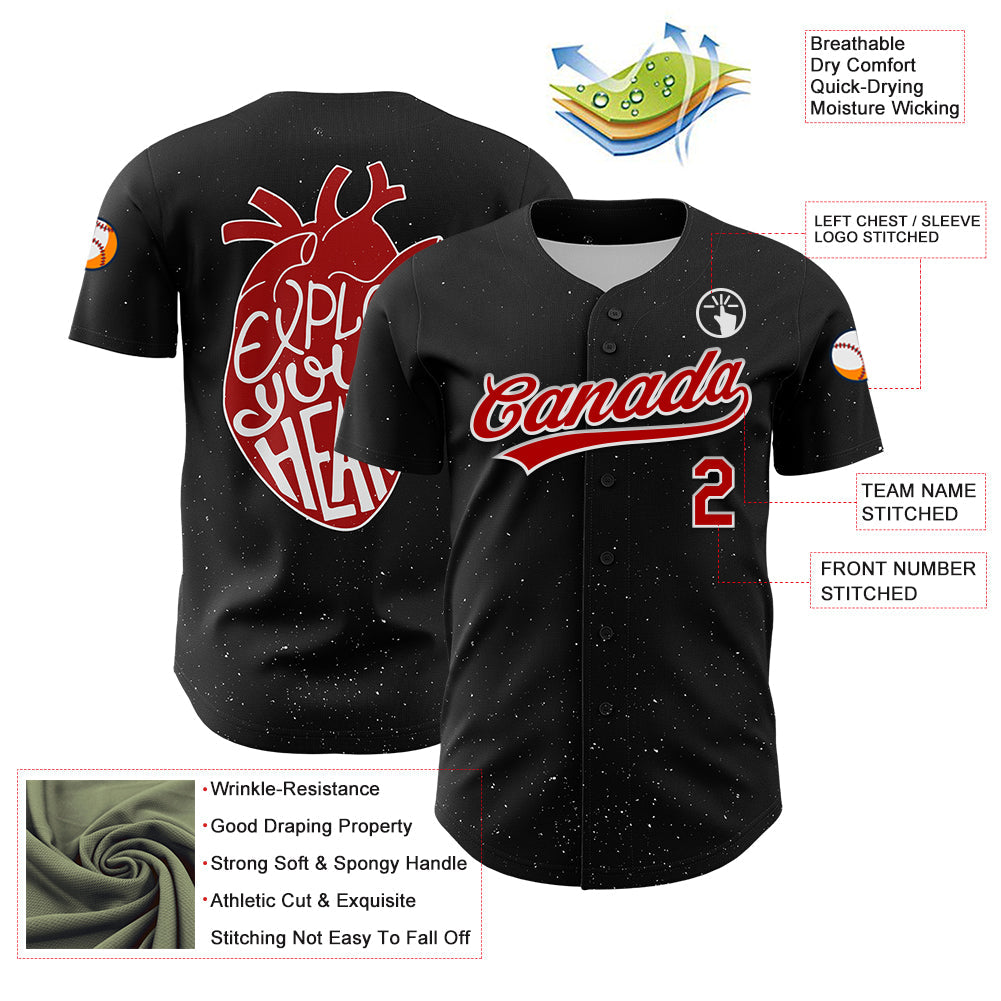 Custom Black Red-White 3D Love Heart Valentine's Day Authentic Baseball Jersey view 3