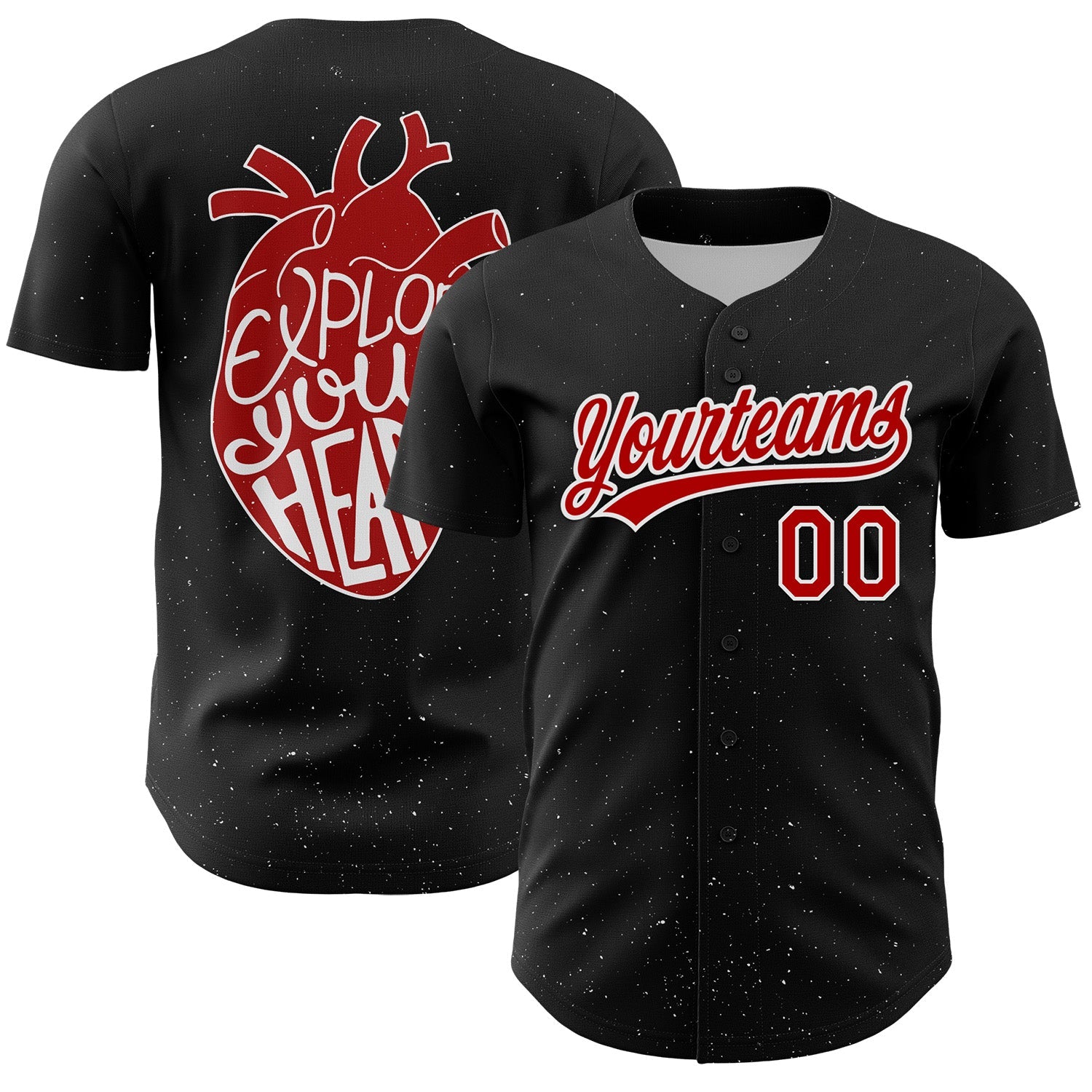Custom Black Red-White 3D Love Heart Valentine's Day Authentic Baseball Jersey - Main View