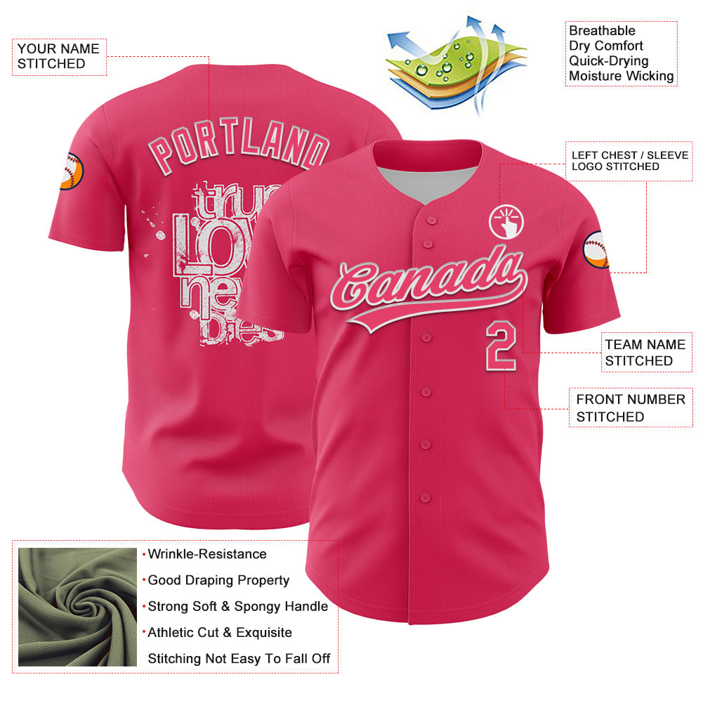 Custom Neon Pink White 3D Love Heart Valentine's Day Authentic Baseball Jersey view 3