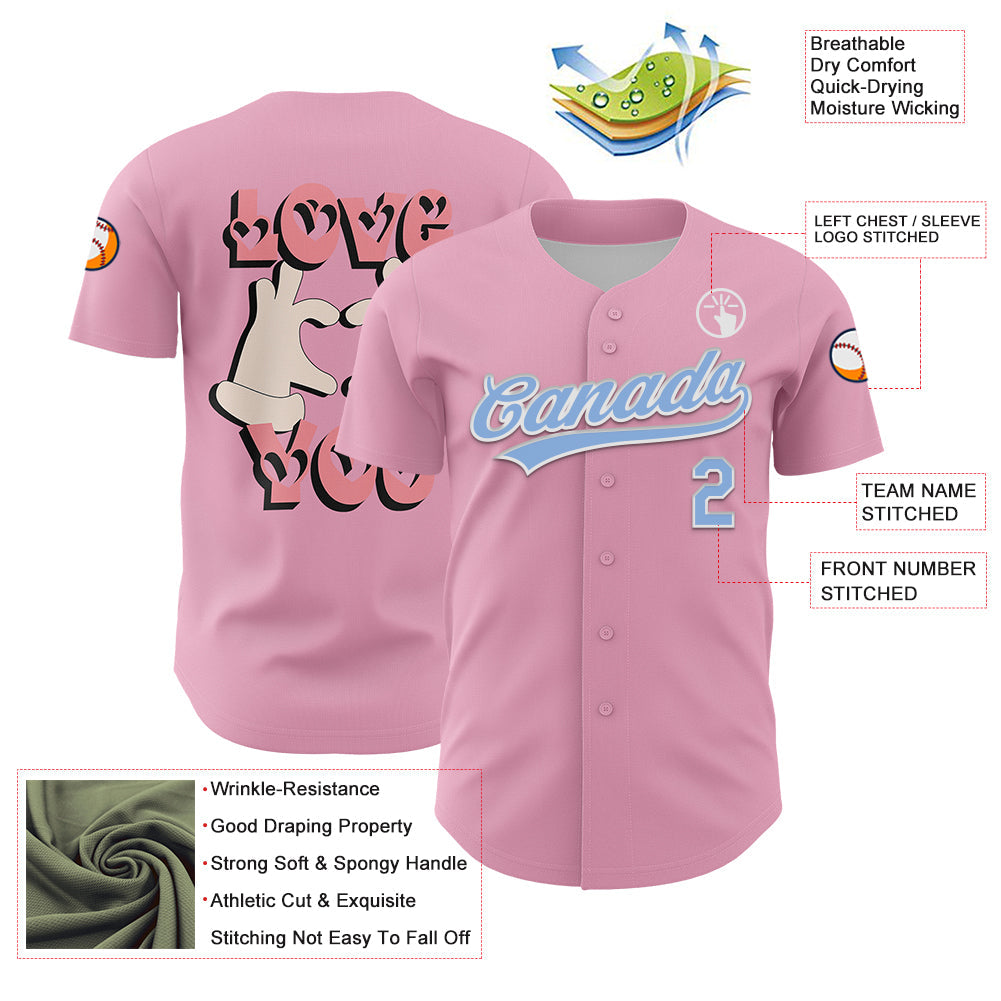 Custom Light Pink Light Blue-White 3D Love Heart Valentine's Day Authentic Baseball Jersey view 3