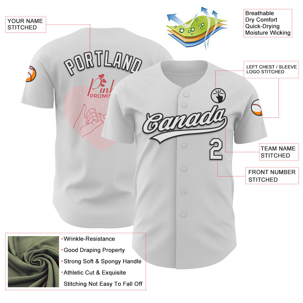 Custom White Black-Light Pink 3D Love Heart Valentine's Day Authentic Baseball Jersey view 3