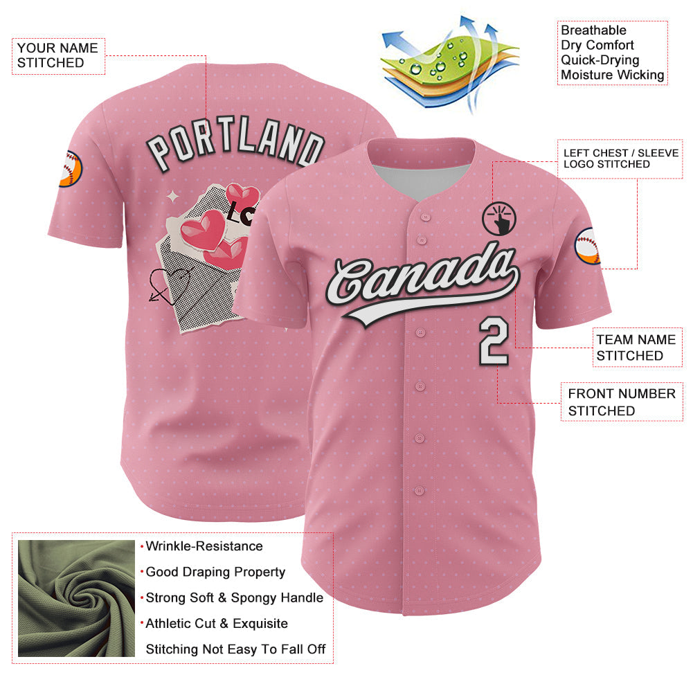 Custom Light Pink White-Black 3D Love Heart Valentine's Day Authentic Baseball Jersey view 3