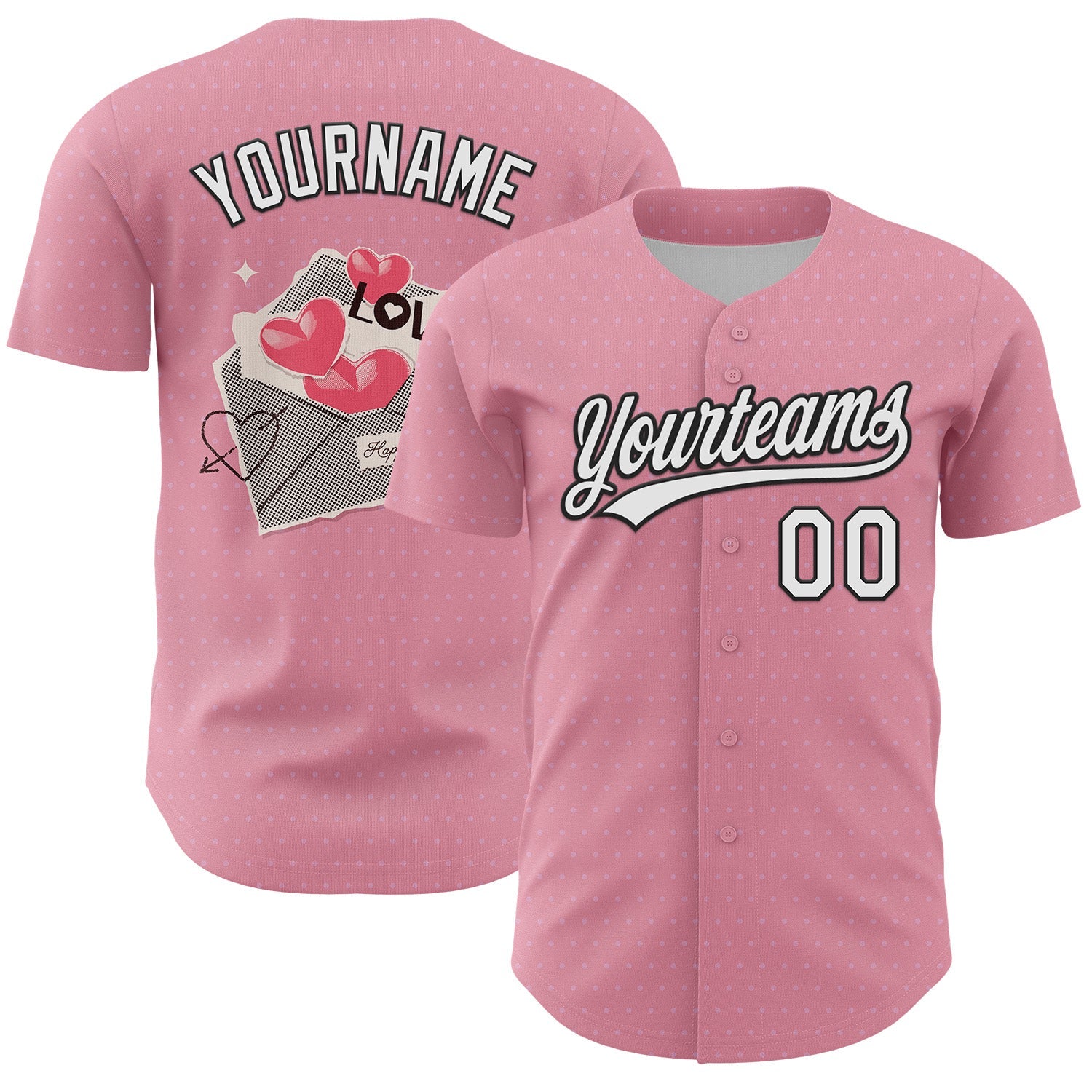Custom Light Pink White-Black 3D Love Heart Valentine's Day Authentic Baseball Jersey - Main View