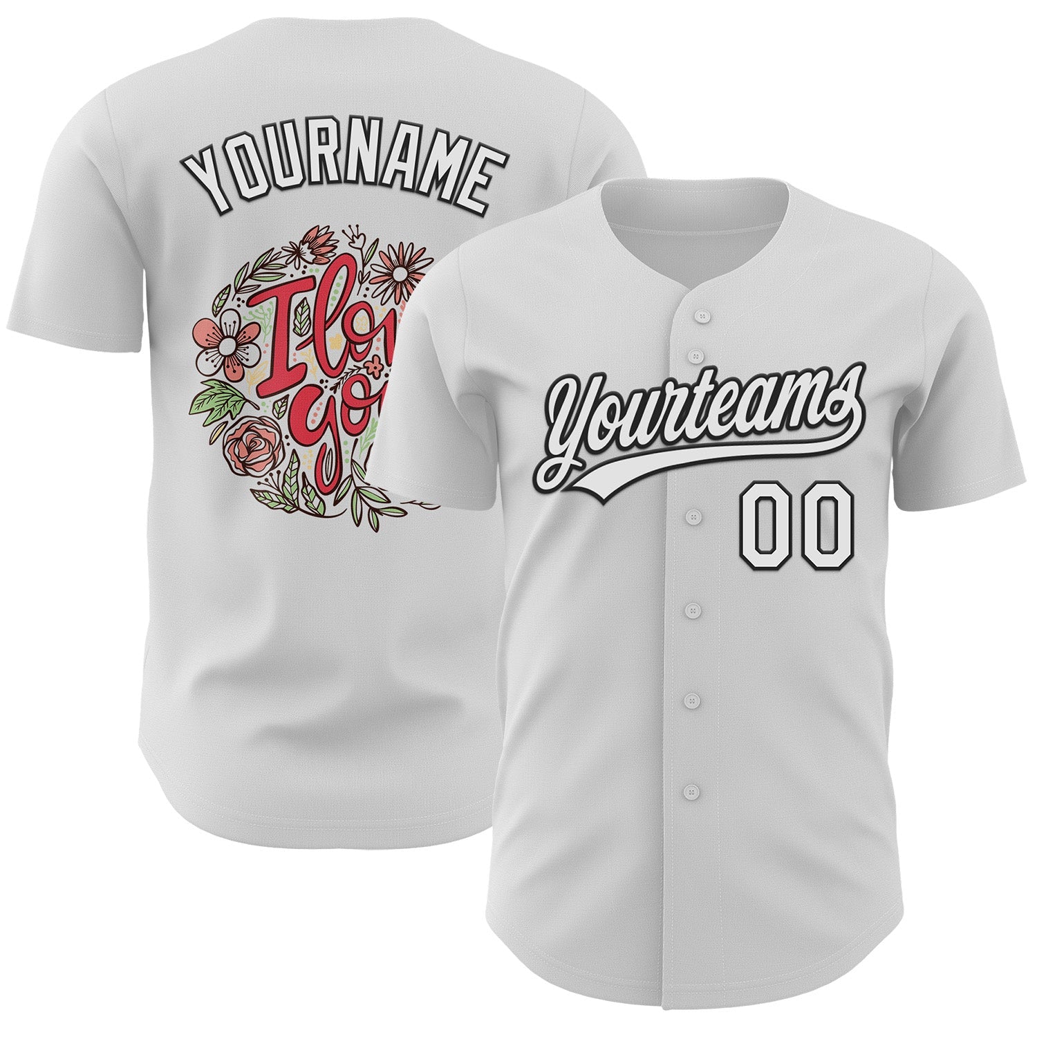 Custom White Black 3D Love Valentine's Day Authentic Baseball Jersey - Main View