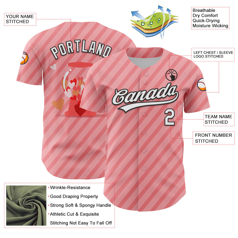 Custom Medium Pink White-Black 3D Love Heart Valentine's Day Authentic Baseball Jersey view 3