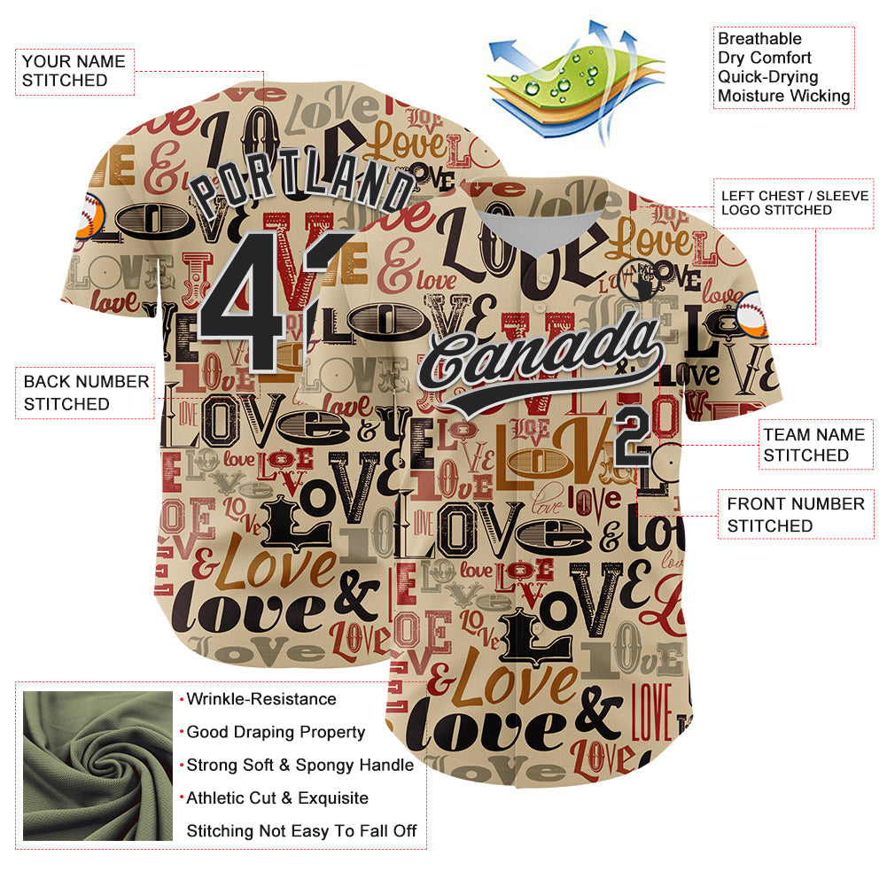 Custom City Cream Black-White 3D Love Valentine's Day Authentic Baseball Jersey view 3