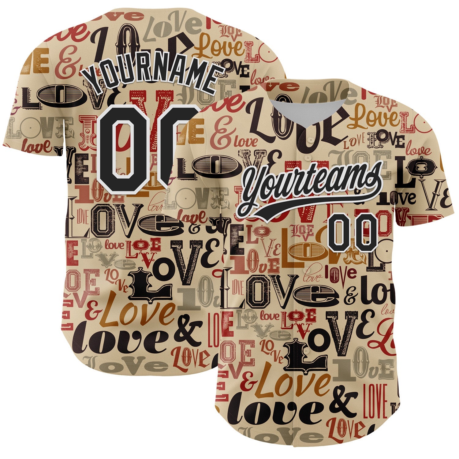 Custom City Cream Black-White 3D Love Valentine's Day Authentic Baseball Jersey - Main View