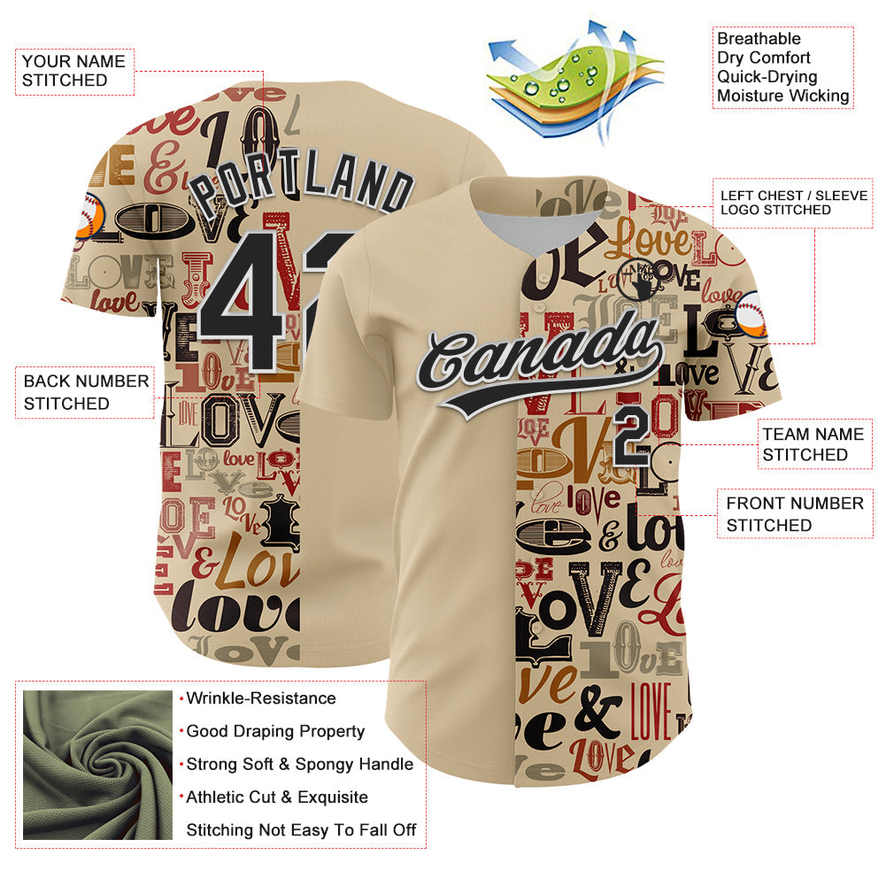 Custom City Cream Black-White 3D Love Valentine's Day Authentic Baseball Jersey view 3