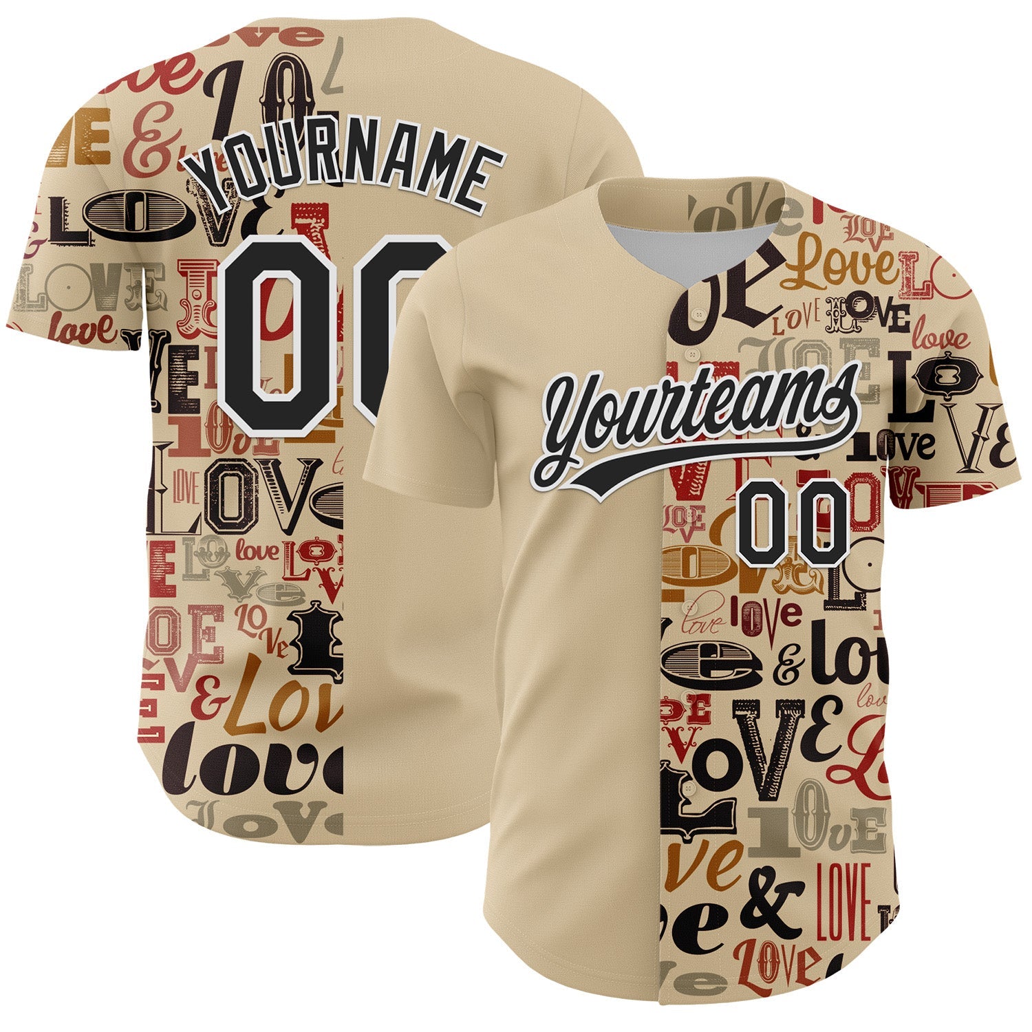 Custom City Cream Black-White 3D Love Valentine's Day Authentic Baseball Jersey - Main View