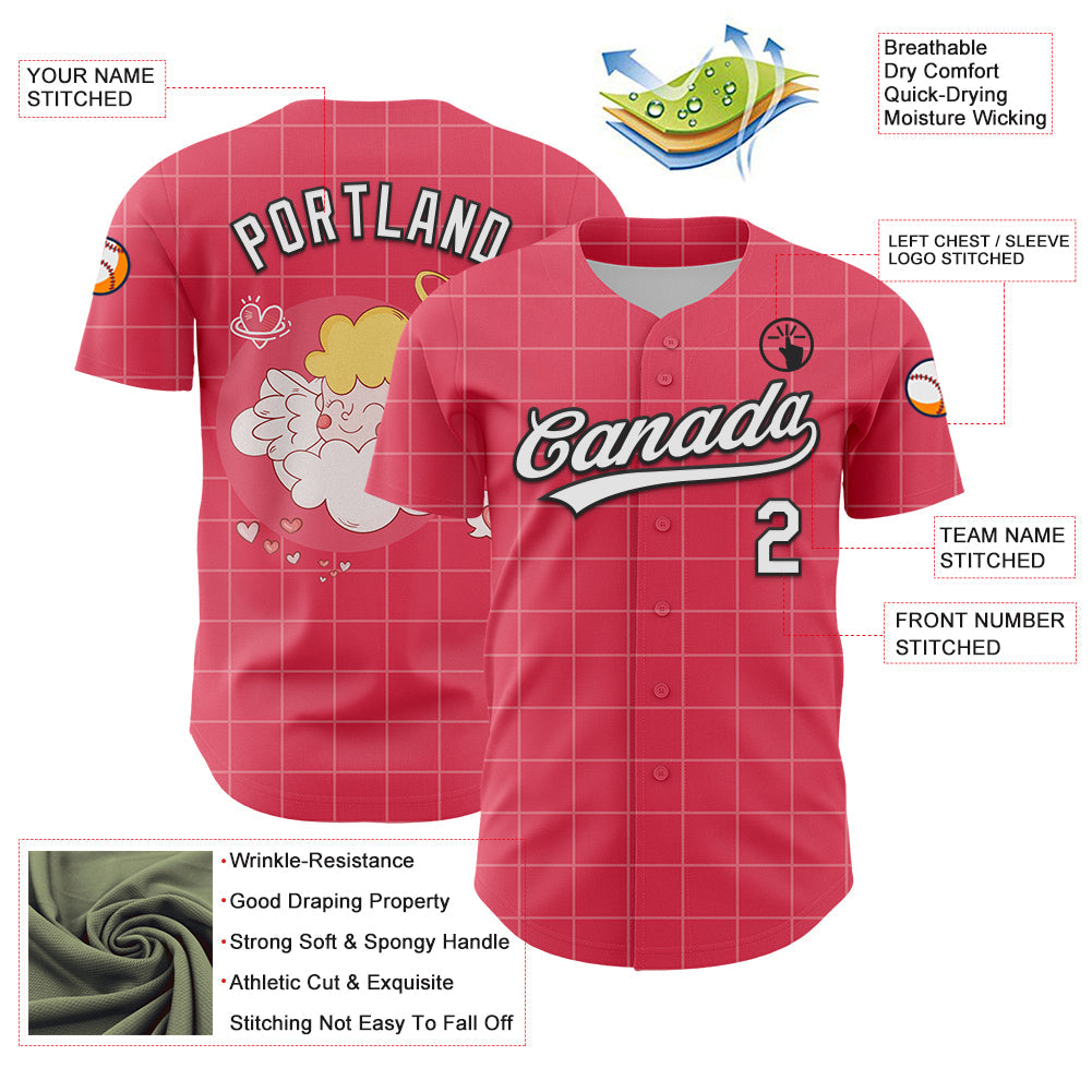 Custom Neon Pink White-Black 3D Love Heart Valentine's Day Authentic Baseball Jersey view 3