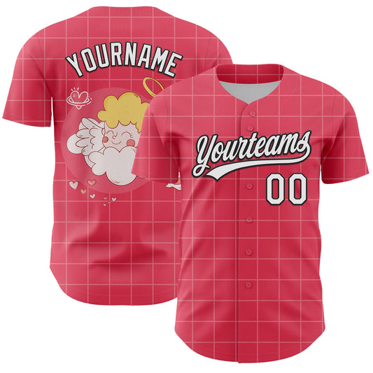 Custom Neon Pink White-Black 3D Love Heart Valentine's Day Authentic Baseball Jersey - Main View