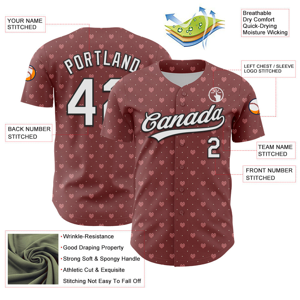 Custom Brown White-Black 3D Love Heart Valentine's Day Authentic Baseball Jersey view 3