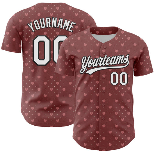 Custom Brown White-Black 3D Love Heart Valentine's Day Authentic Baseball Jersey - Main View