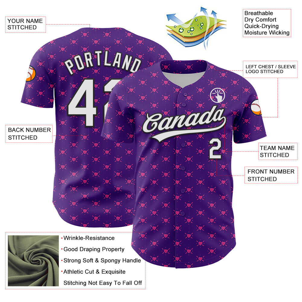 Custom Purple White-Black 3D Love Heart Valentine's Day Authentic Baseball Jersey view 3