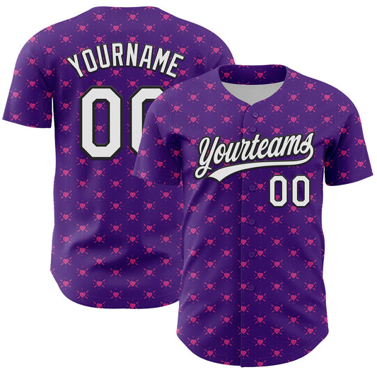 Custom Purple White-Black 3D Love Heart Valentine's Day Authentic Baseball Jersey - Main View