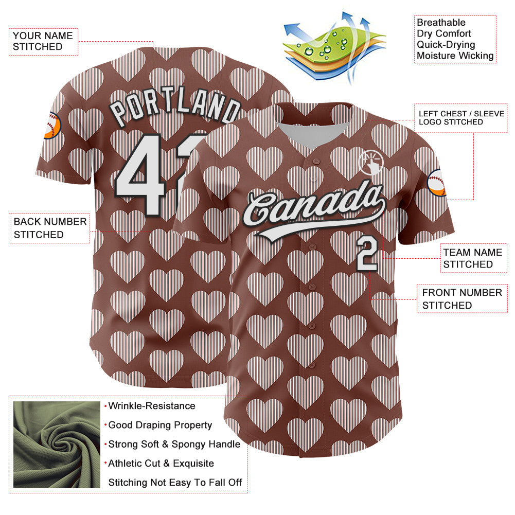 Custom Brown White-Black 3D Love Heart Valentine's Day Authentic Baseball Jersey view 3