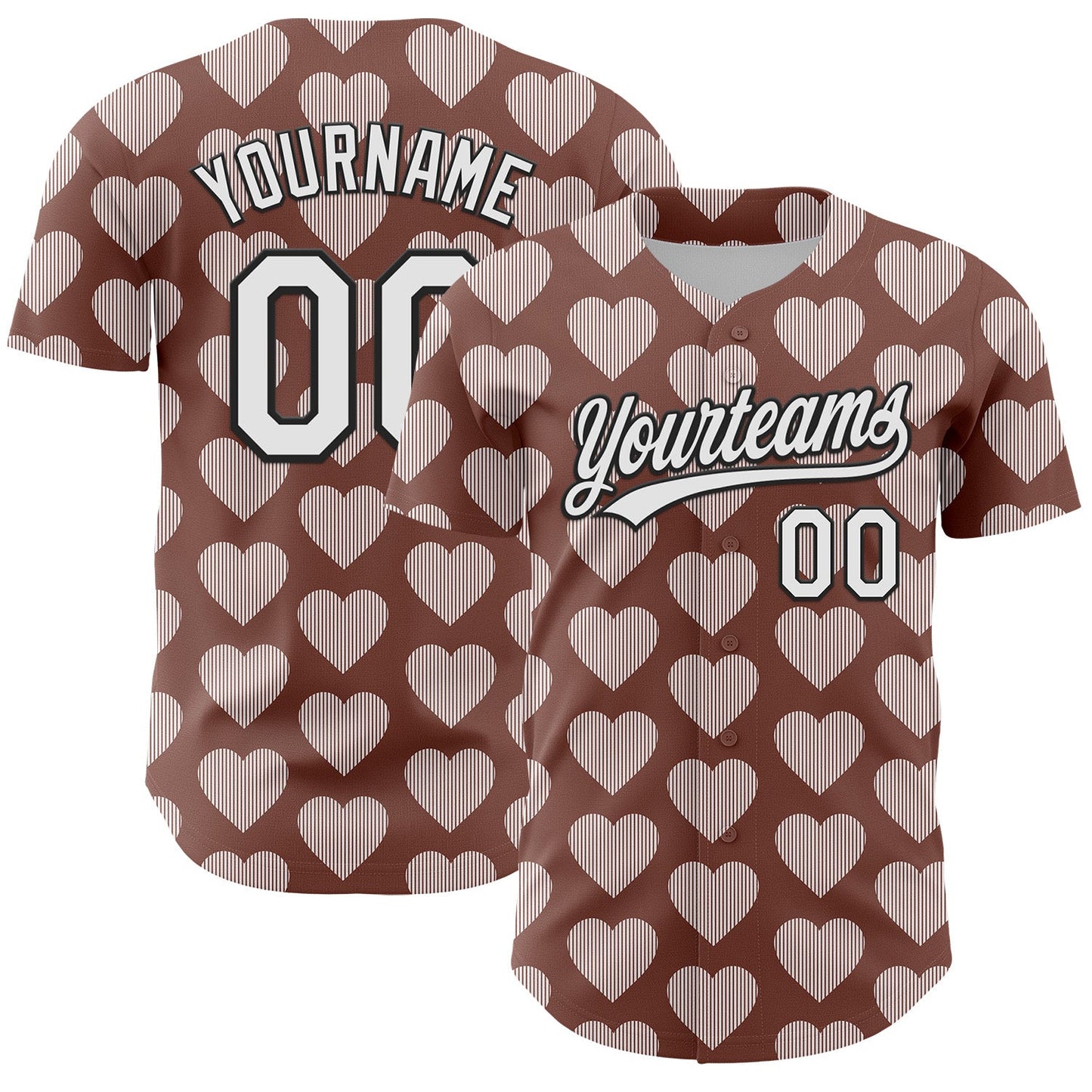 Custom Brown White-Black 3D Love Heart Valentine's Day Authentic Baseball Jersey - Main View