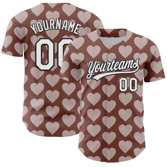 Custom Brown White-Black 3D Love Heart Valentine's Day Authentic Baseball Jersey - Main View