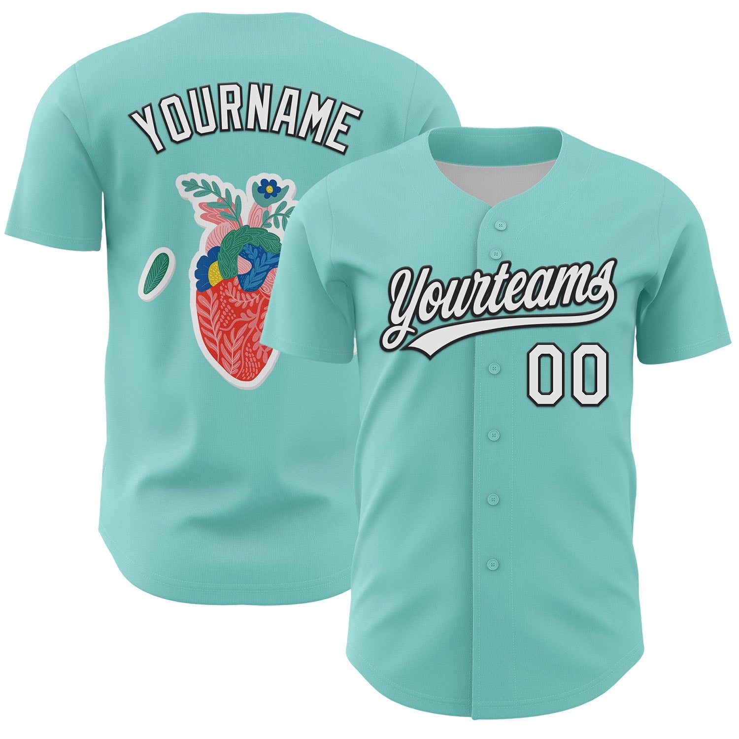 Custom Ice Blue White-Black 3D Love Heart Valentine's Day Authentic Baseball Jersey - Main View