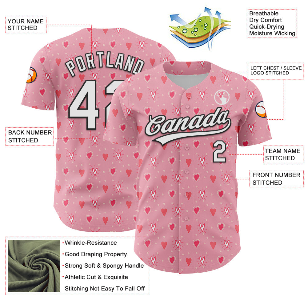 Custom Light Pink White-Black 3D Love Heart Valentine's Day Authentic Baseball Jersey view 3