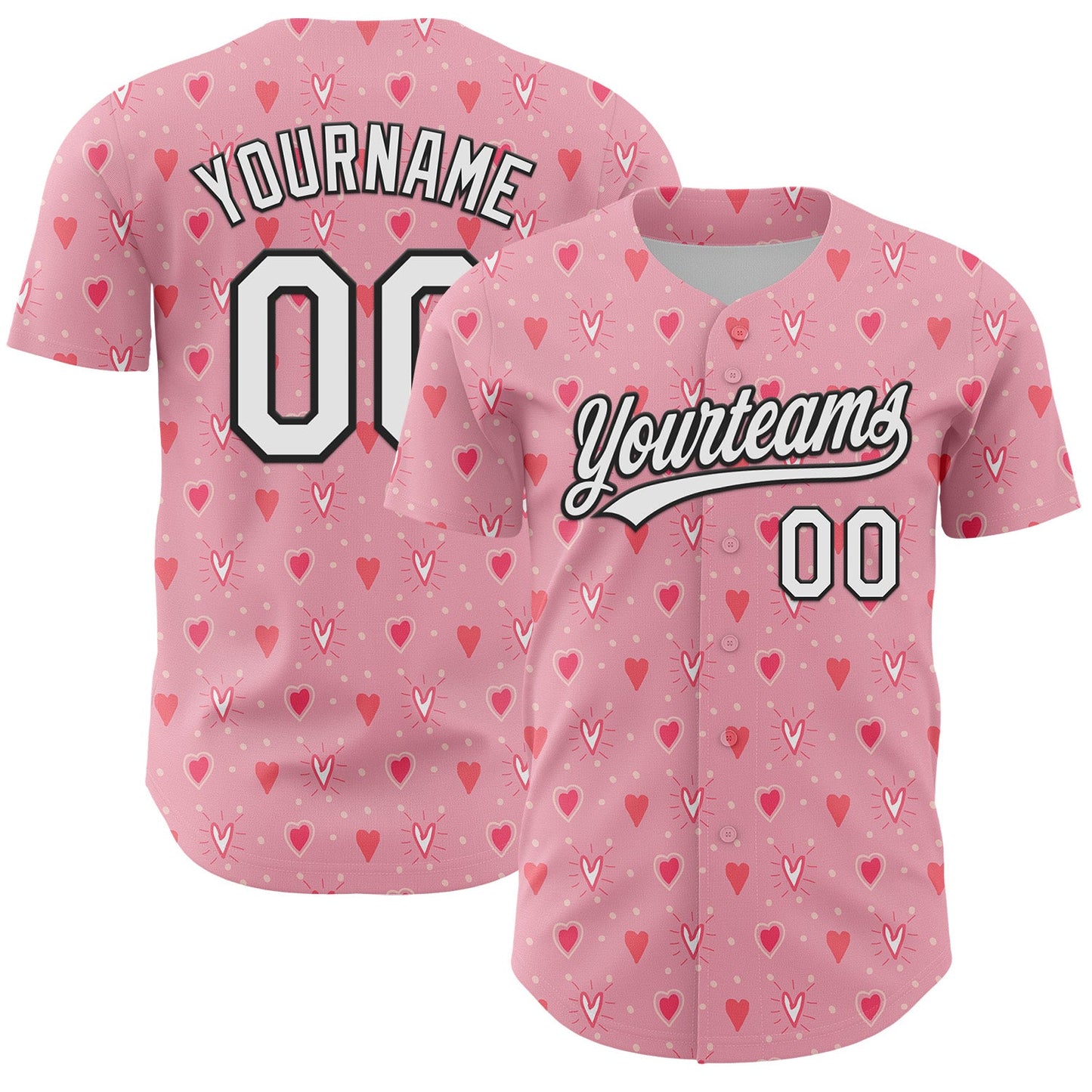 Custom Light Pink White-Black 3D Love Heart Valentine's Day Authentic Baseball Jersey - Main View