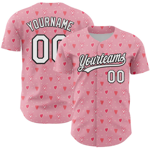 Custom Light Pink White-Black 3D Love Heart Valentine's Day Authentic Baseball Jersey - Main View