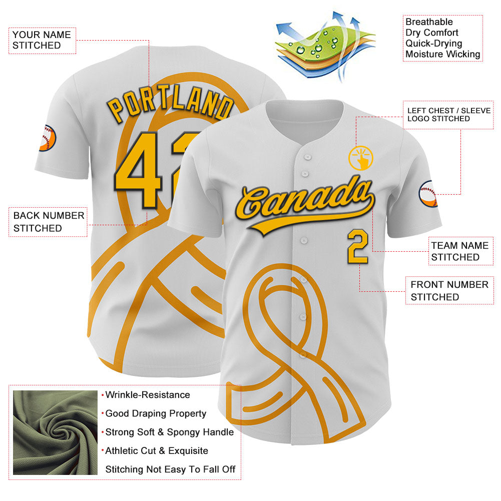 Custom White Gold-Black 3D Appendix Cancer Ribbon Authentic Baseball Jersey view 3