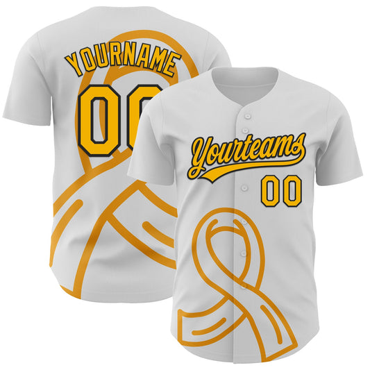 Custom White Gold-Black 3D Appendix Cancer Ribbon Authentic Baseball Jersey - Main View