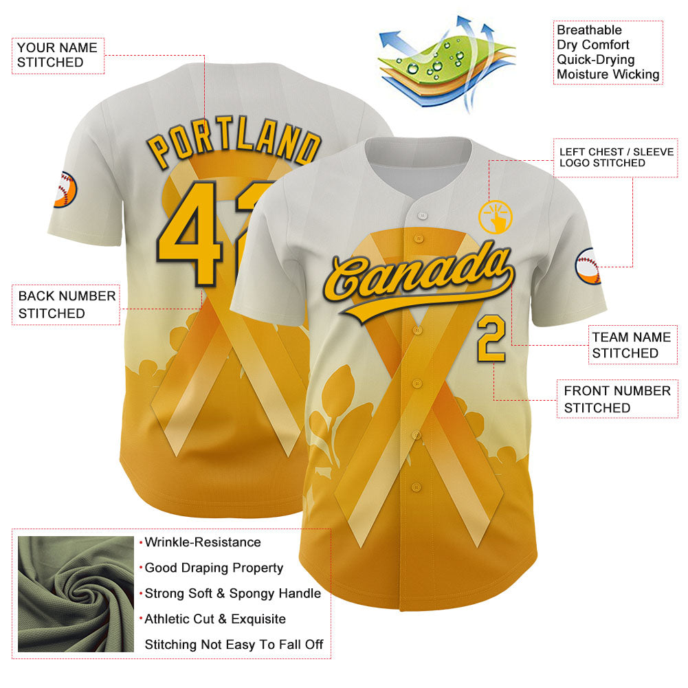Custom White Gold-Black 3D Appendix Cancer Ribbon Authentic Baseball Jersey view 3