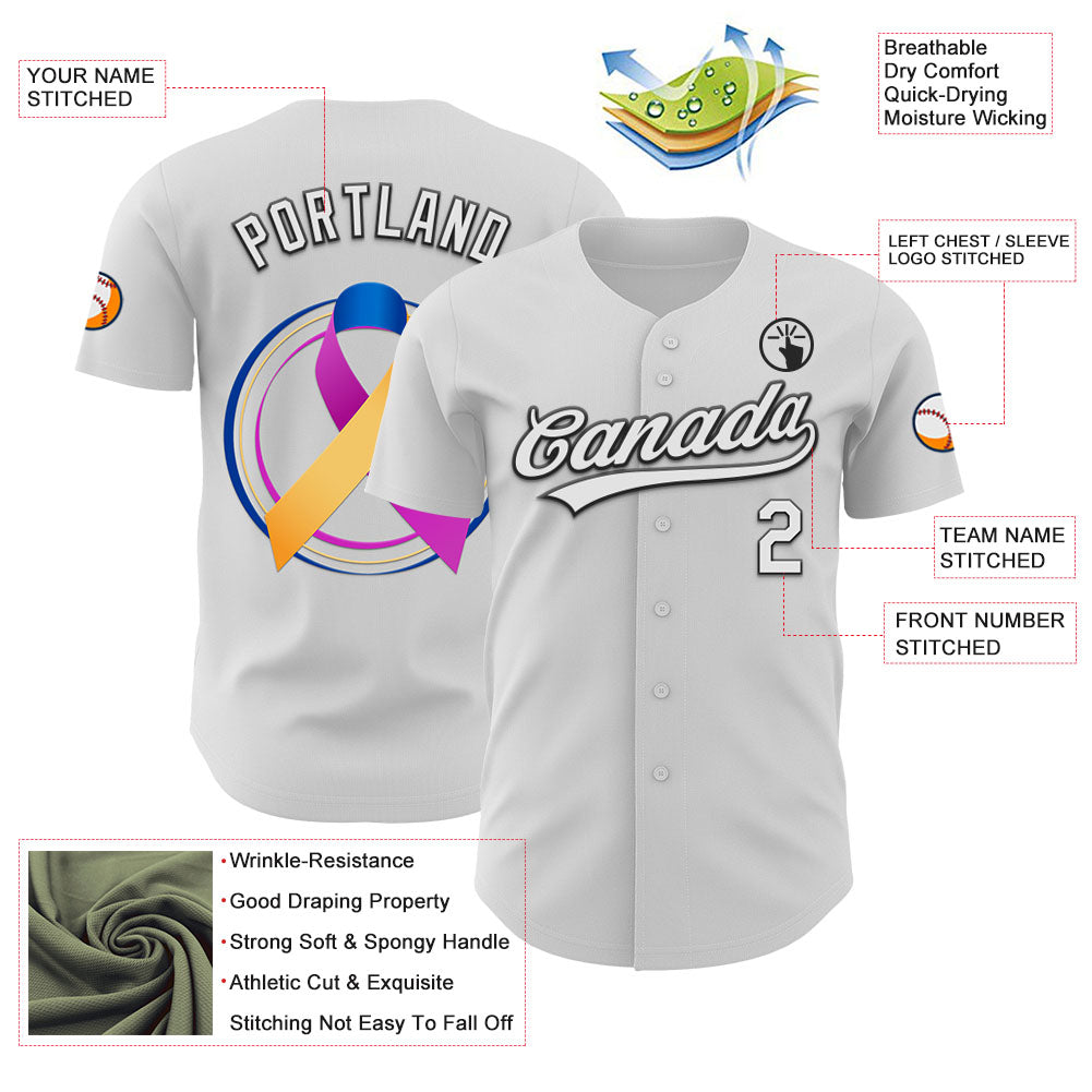 Custom White Purple Yellow Navy-Black 3D Bladder Cancer Ribbon Authentic Baseball Jersey view 3