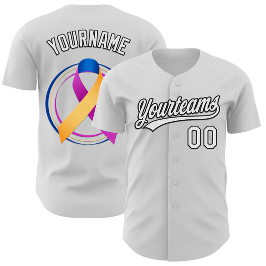 Custom White Purple Yellow Navy-Black 3D Bladder Cancer Ribbon Authentic Baseball Jersey - Main View