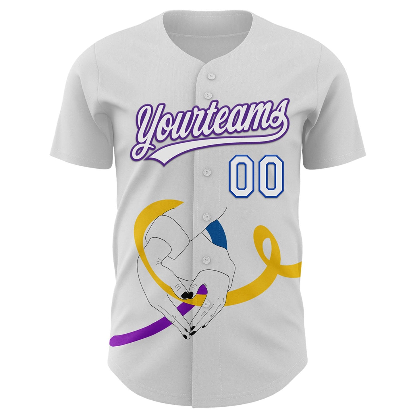 Custom White Purple Thunder Blue-Yellow 3D Bladder Cancer Ribbon Authentic Baseball Jersey view 2