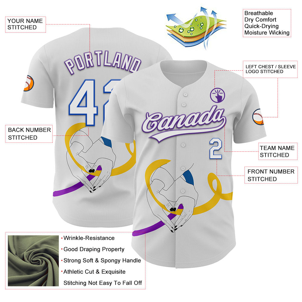 Custom White Purple Thunder Blue-Yellow 3D Bladder Cancer Ribbon Authentic Baseball Jersey view 3