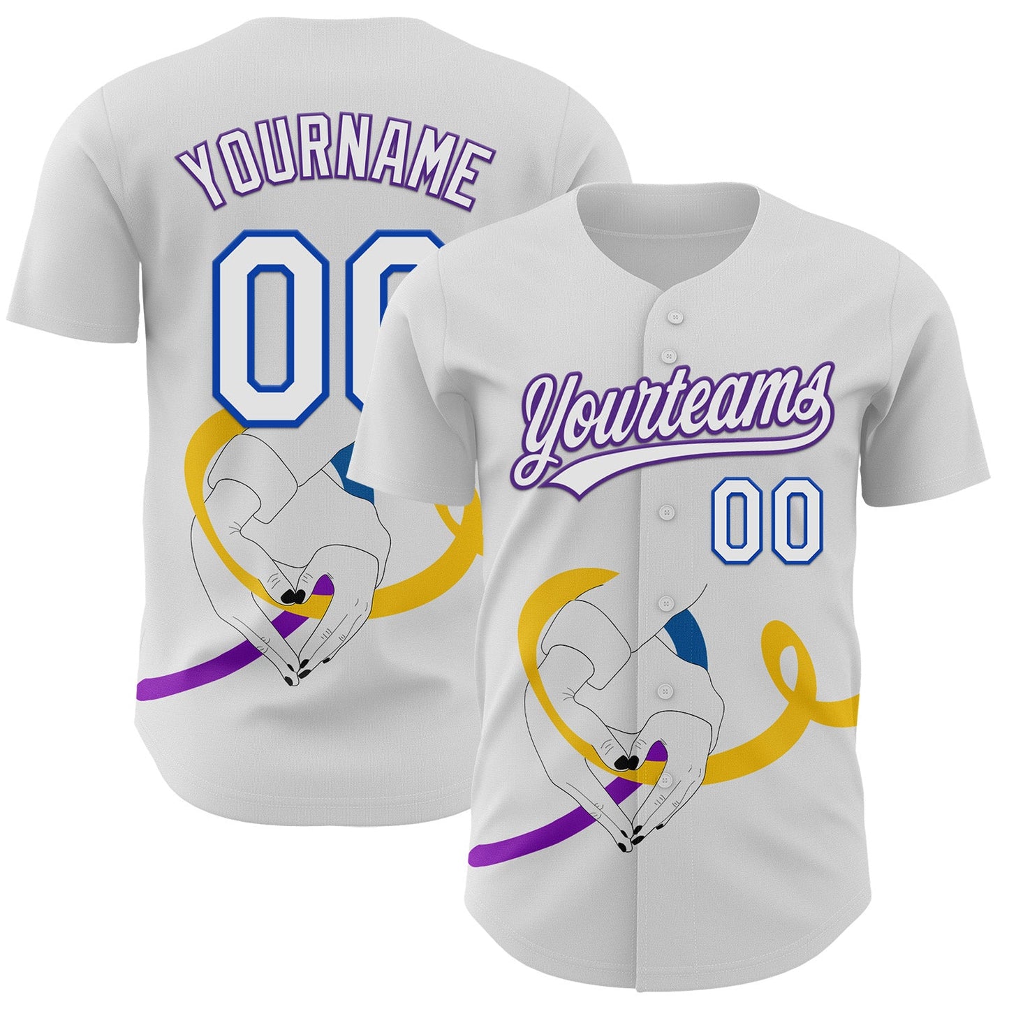 Custom White Purple Thunder Blue-Yellow 3D Bladder Cancer Ribbon Authentic Baseball Jersey - Main View