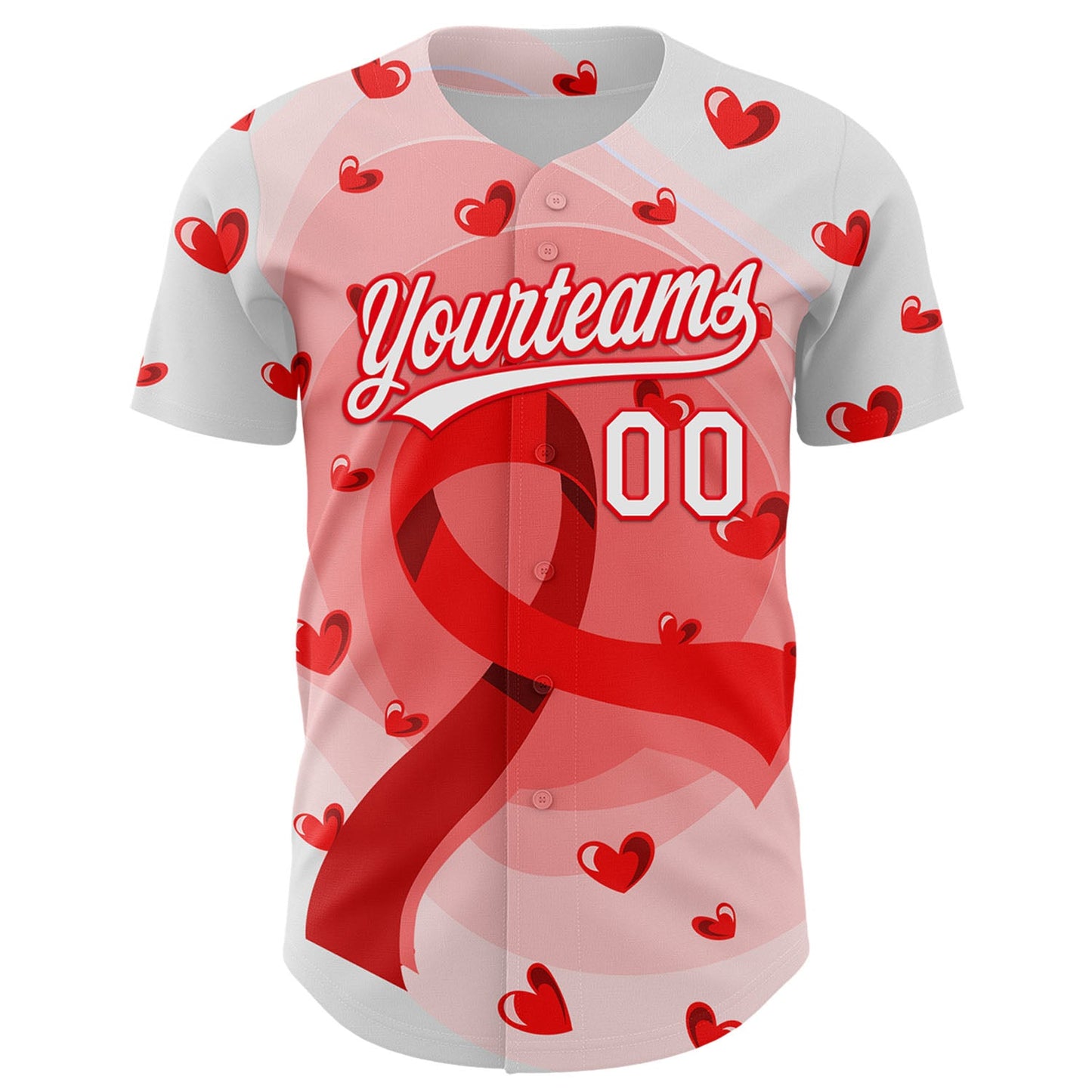 Custom White Fire Red 3D Blood Cancer Ribbon Authentic Baseball Jersey view 2