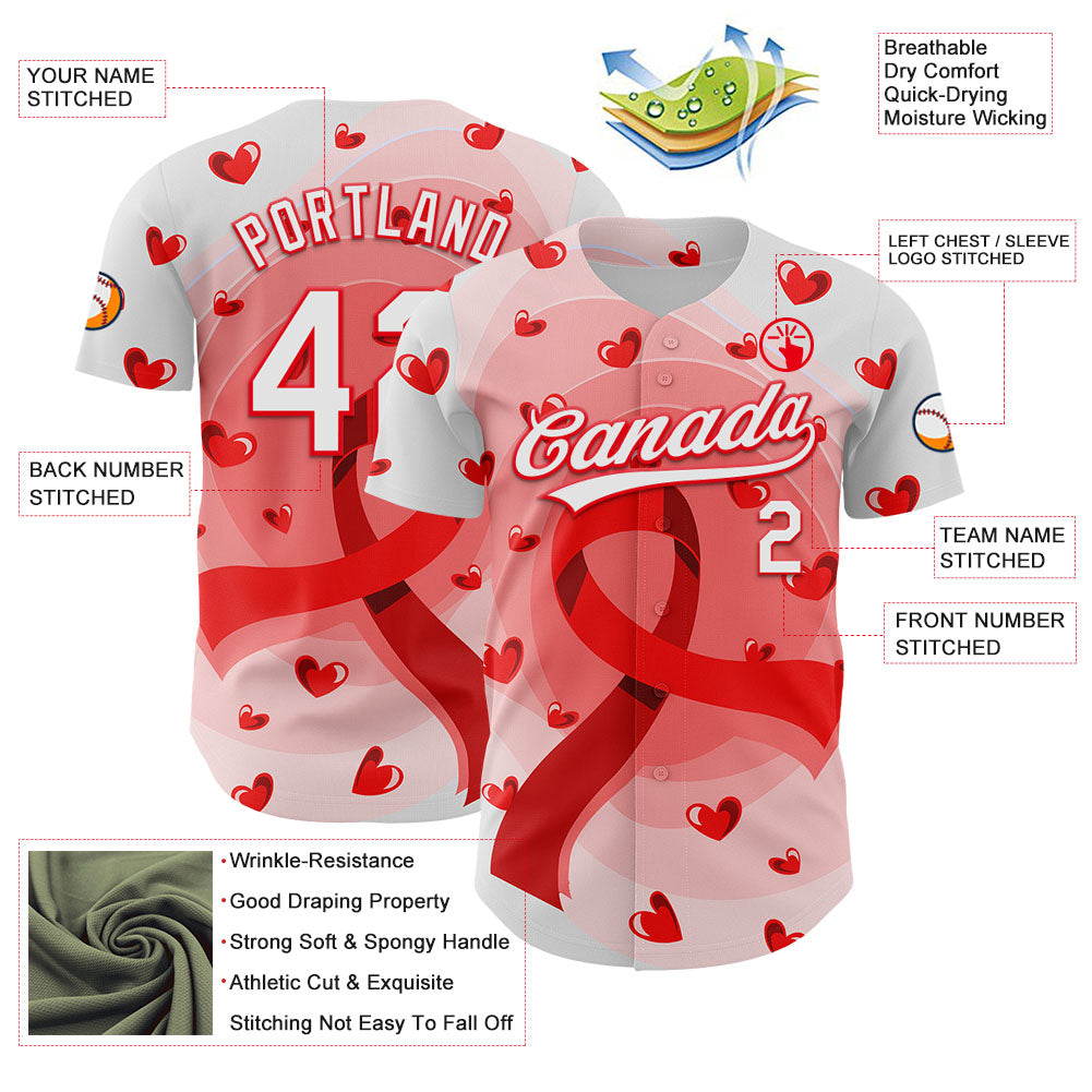 Custom White Fire Red 3D Blood Cancer Ribbon Authentic Baseball Jersey view 3