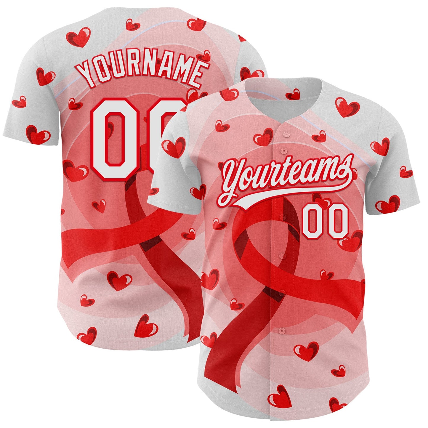 Custom White Fire Red 3D Blood Cancer Ribbon Authentic Baseball Jersey - Main View