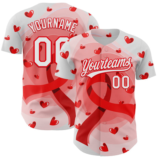 Custom White Fire Red 3D Blood Cancer Ribbon Authentic Baseball Jersey - Main View