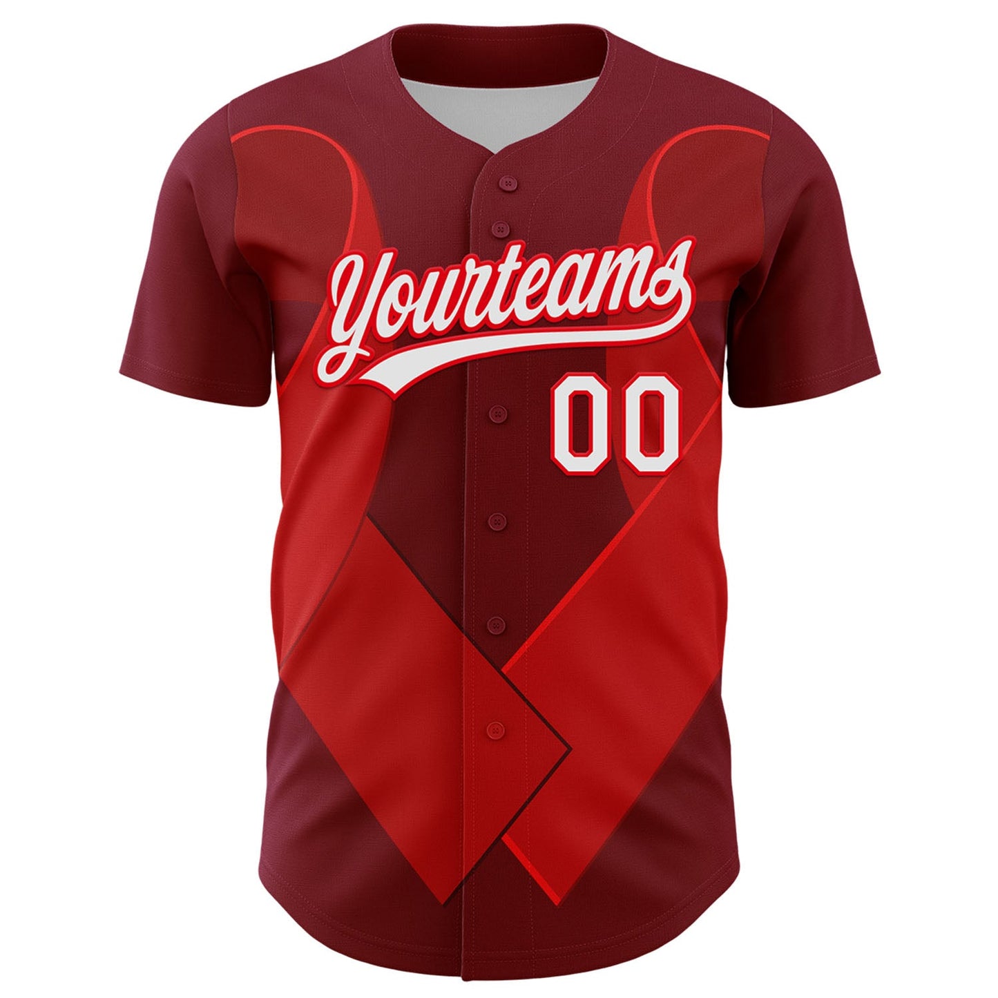 Custom Maroon White-Fire Red 3D Blood Cancer Ribbon Authentic Baseball Jersey view 2
