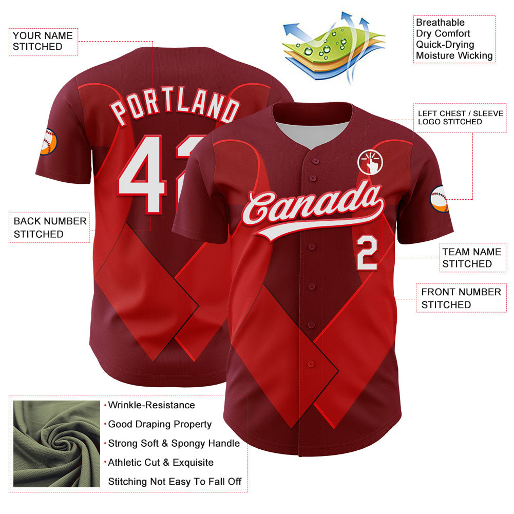 Custom Maroon White-Fire Red 3D Blood Cancer Ribbon Authentic Baseball Jersey view 3