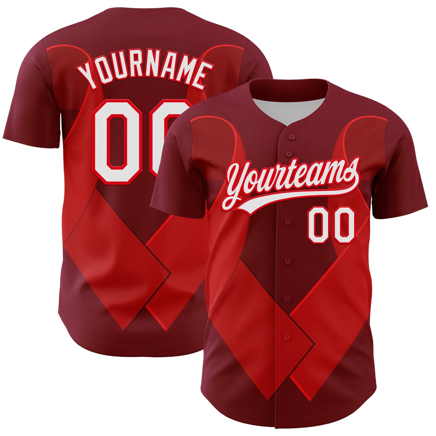 Custom Maroon White-Fire Red 3D Blood Cancer Ribbon Authentic Baseball Jersey - Main View