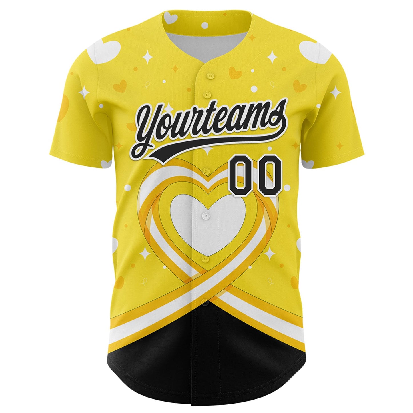 Custom Yellow Black-White 3D Bone Cancer Ribbon Authentic Baseball Jersey view 2