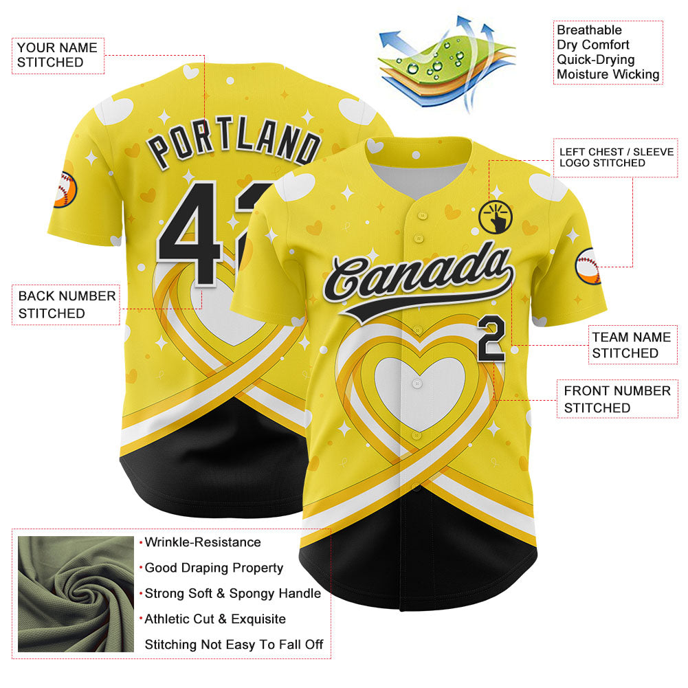 Custom Yellow Black-White 3D Bone Cancer Ribbon Authentic Baseball Jersey view 3