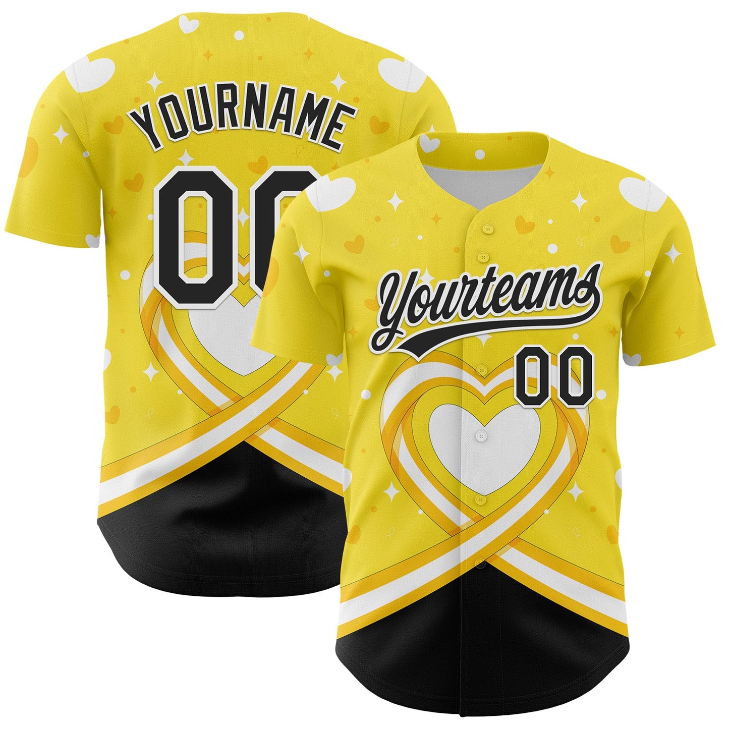Custom Yellow Black-White 3D Bone Cancer Ribbon Authentic Baseball Jersey - Main View